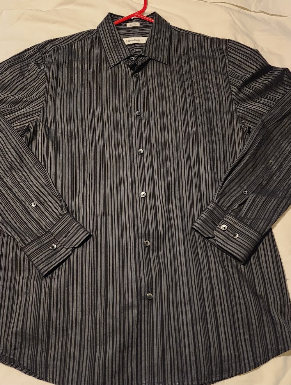 Calvin Klein Men's Black and Gray Vertical Stripe Dress Shirt